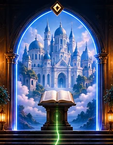 Dreamlike blue academic cathedral and illuminated open book