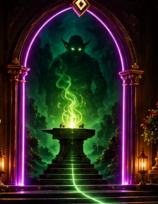 Shadowy green goblin and supernatural flame inside a purple Gothic portal