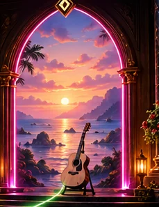 Pastel ocean sunset and acoustic guitar inside a pink Gothic portal